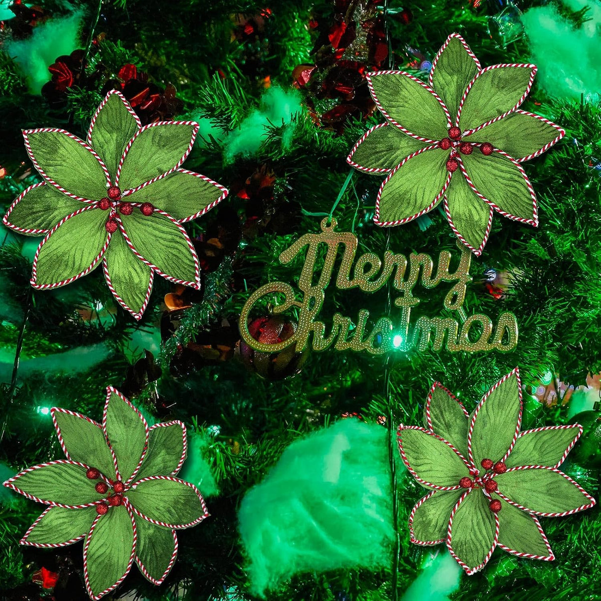 Thiccywoov 6 Pcs Green Peppermint Edge Christmas Poinsettia Stem 10.24 x 3.94 Inch Silk Velvet Artificial Fake Poinsettia Flowers Blooms for Christmas Trees and Holiday Decorations
