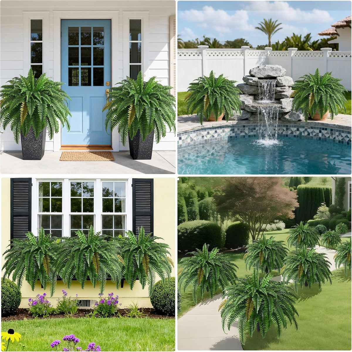 4PCS 45in Fake Ferns- Outdoor Faux Plants, Large UV Resistant Artificial Ferns for Outdoors, Weatherproof Faux Boston Fern Realistic Fake Artificial Plant for Porch Home Garden Patio Hanging Decor