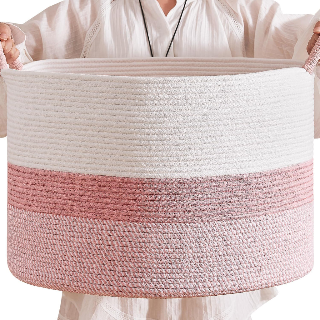 CLHMILY&Z Round Cotton Rope Storage Basket - 22x14.2 Inches - Cute Nursery Bin, Baby Toy Organizer, Pink Organizer for Home Decor, Multi-Purpose Home Tidy Solution