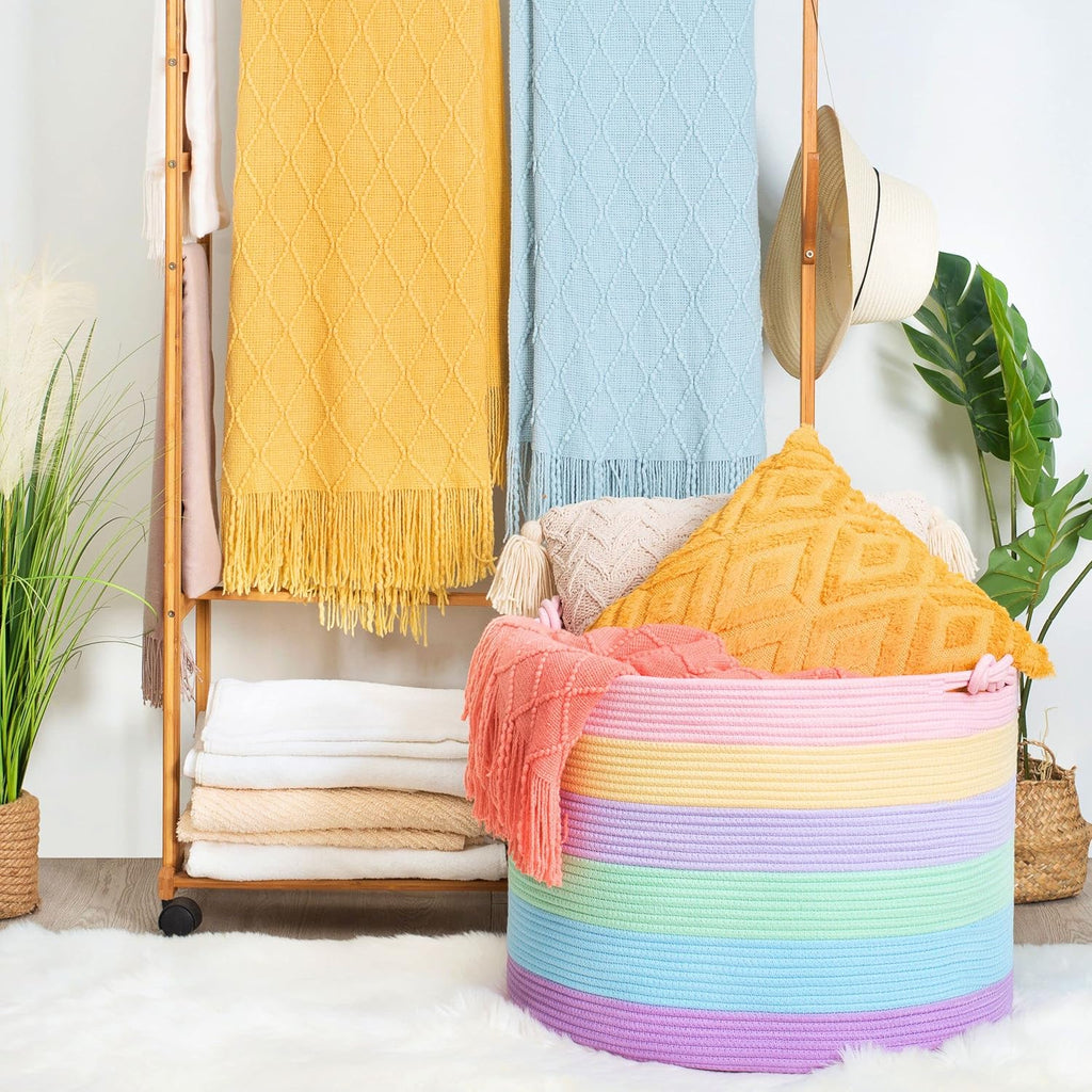 MINTWOOD Design XXXXLarge 22 x 16in Decorative Woven Cotton Rope Blanket Storage Basket Bin Living Room with Handles and Laundry Hamper for Pillows, Pool Towels, Dog Toys, Shoes, Pastel Rainbow