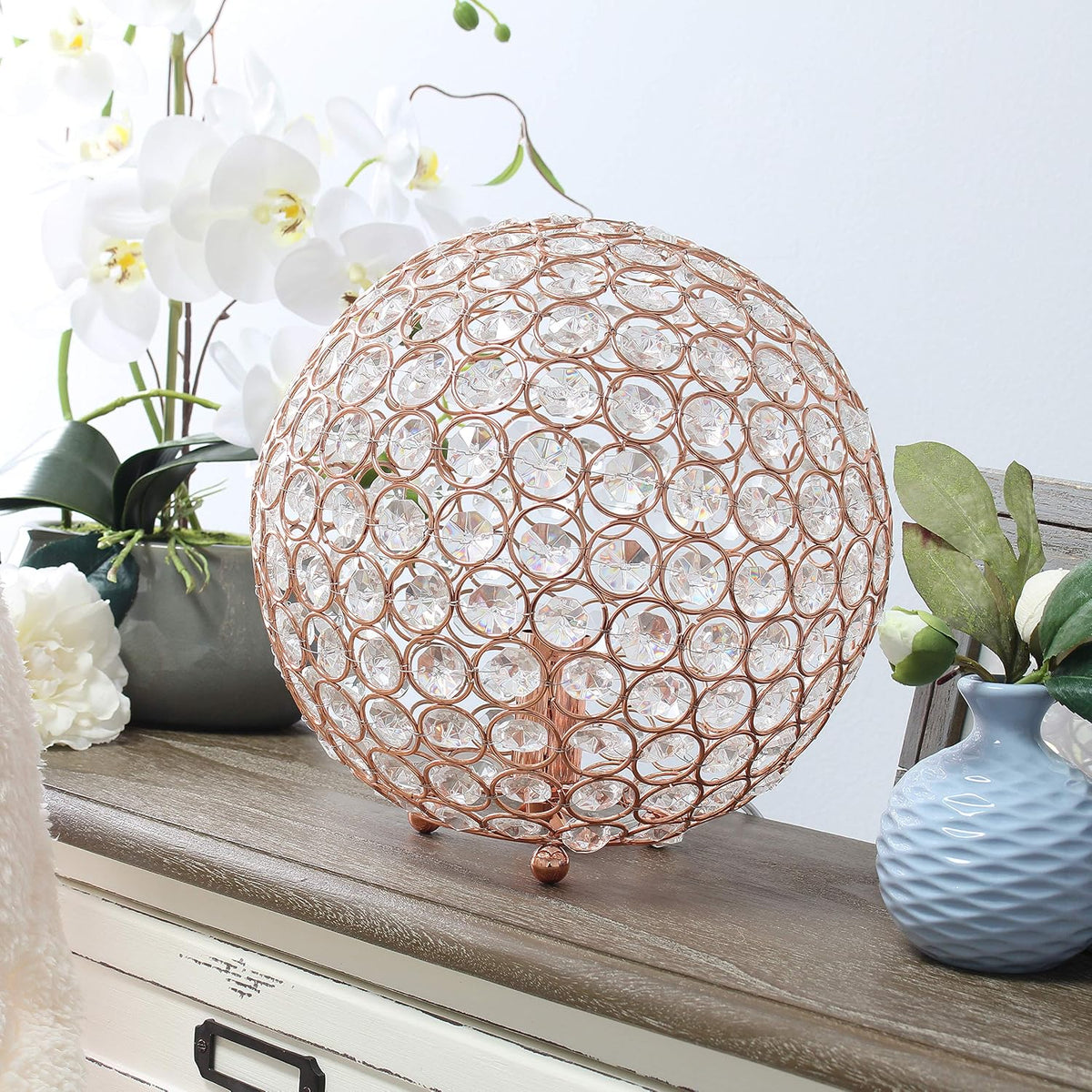 Elegant Designs LT1067-RGD 10" Elipse Crystal Collection Metal Crystal Ball Sequin Table Desk Lamp for Accent Lighting, Décor, Living Room, Rose Gold