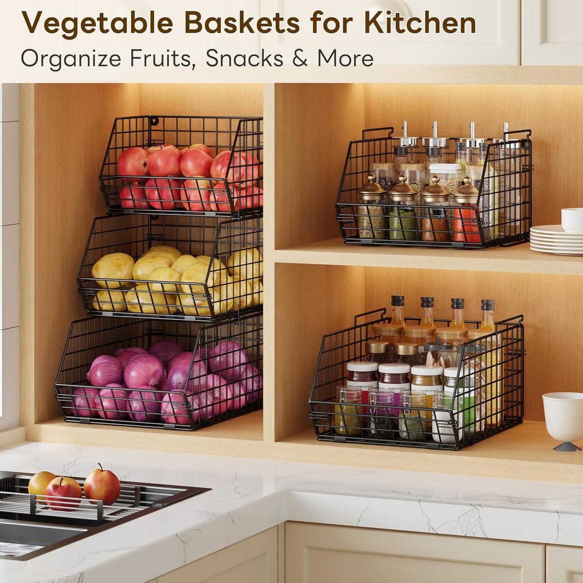 3-Tier Stackable Wire Baskets, Fruit and Vegetable Storage for Counter