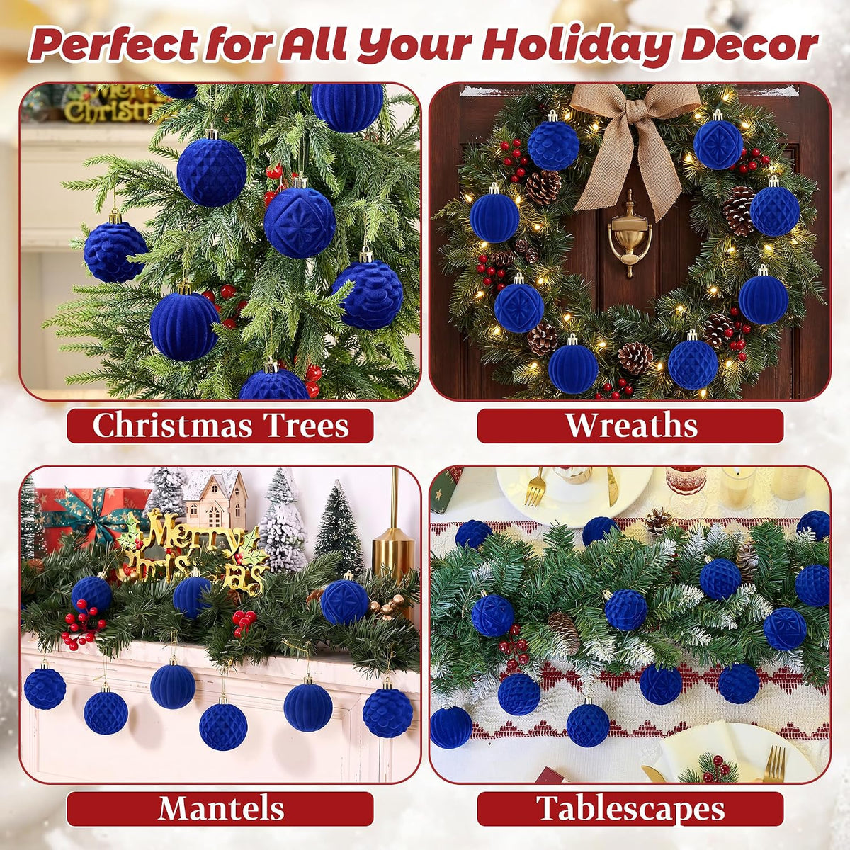 BLEUM CADE 16Pcs Blue Velvet Shatterproof Christmas Ball Ornaments