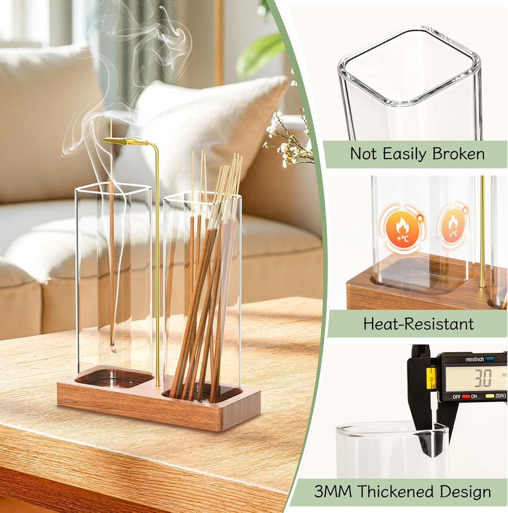 Incense Holder for Sticks, 2 in 1 Incense Burner with Glass Jars, Upside Down Incense Holder with Ash Catcher & Storage for Meditation Yoga Spa Home Decor with 20 Incense Sticks & Brush
