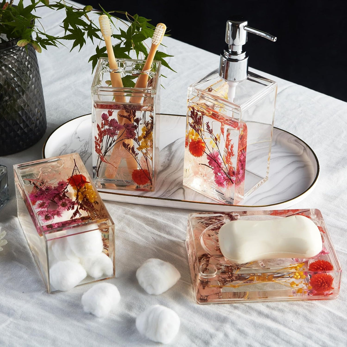 Locco Decor Bathroom Vanity Accessory Set Acrylic Liquid 3D Floating Motion Toothbrush Holder, Tumbler, Soap Dispenser, Soap Dish, Toilet brush, 5-Piece Accessory Set Garden Botanic Pink Plants