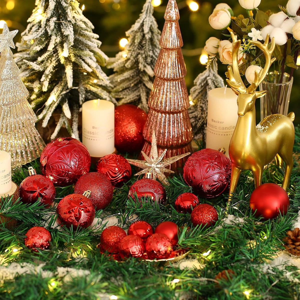 34ct Red Christmas Ball Ornaments Shatterproof Plastic Christmas Tree Decorations for Xmas Party Home Office Holiday Decor -Medium Size (2.36"/ 60mm)
