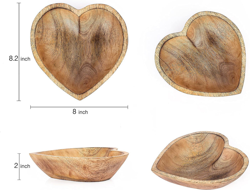 WitnyStore Heart Shaped Wood Bowl 8" Brown Handcrafted Wooden Bowls Collectible Functional Serving Tray Dish Plate Hand Made Decorative Tableware for Candy Nuts Desserts Fruit Home Décor Accents Gifts