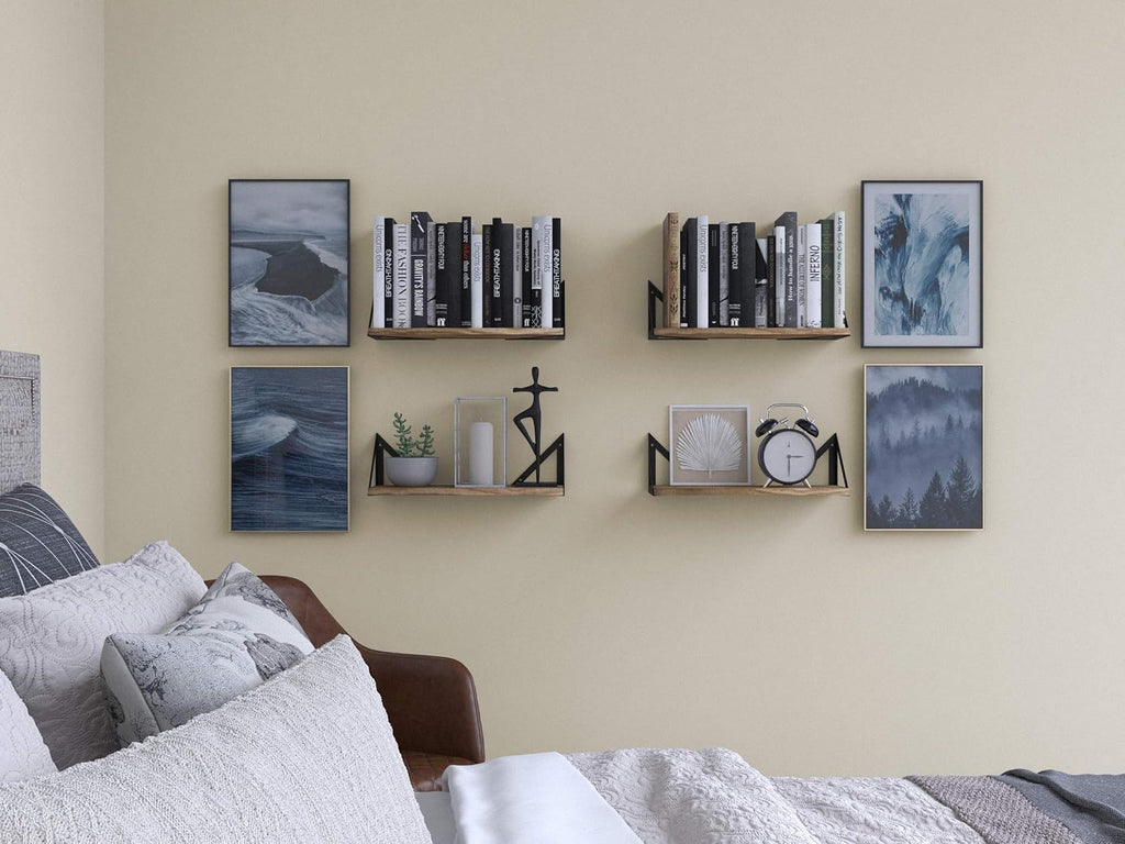 Wallniture Minori Floating Shelves Set of 4, Small Bookshelf Unit for Bedroom, Office, Bathroom, and Living Room, Natural Burned Rustic Wood Wall Decor with Metal Floating Shelf Bracket
