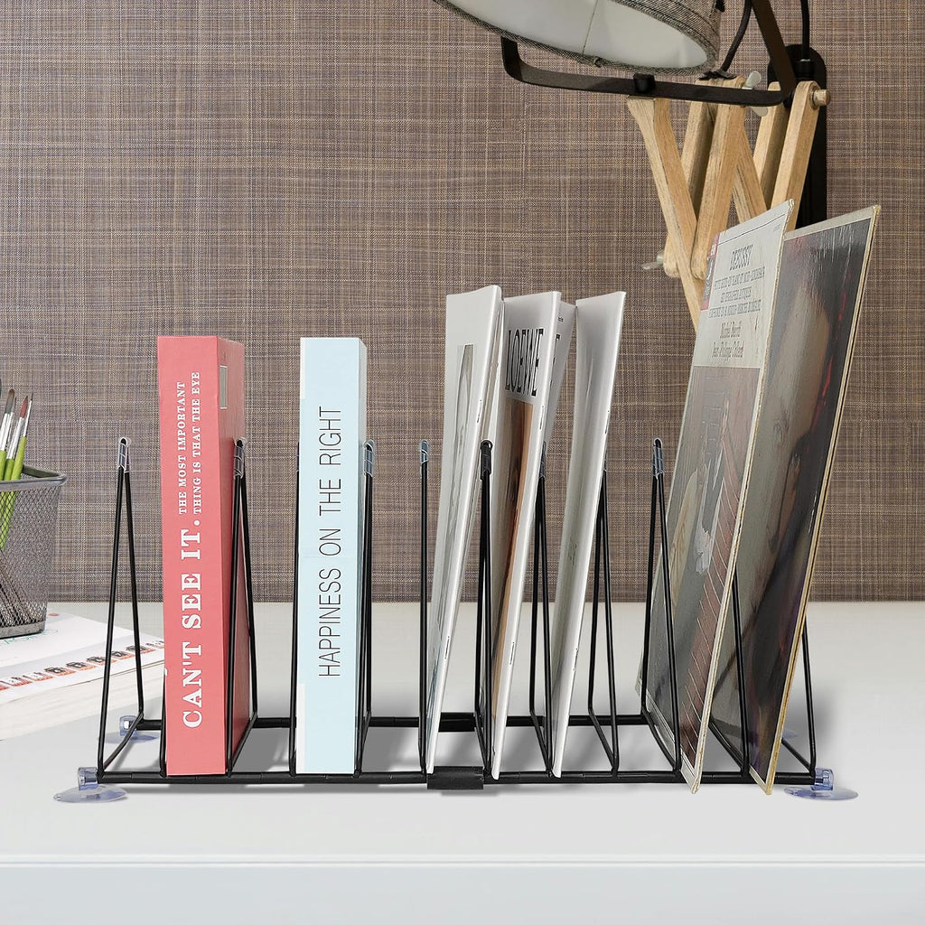 Vinyl Record Holder Storage, 11 Slot Metal Record Stand Magazine Newspaper Album Display Rack Desktop Triangle File Holders for Office Home Black