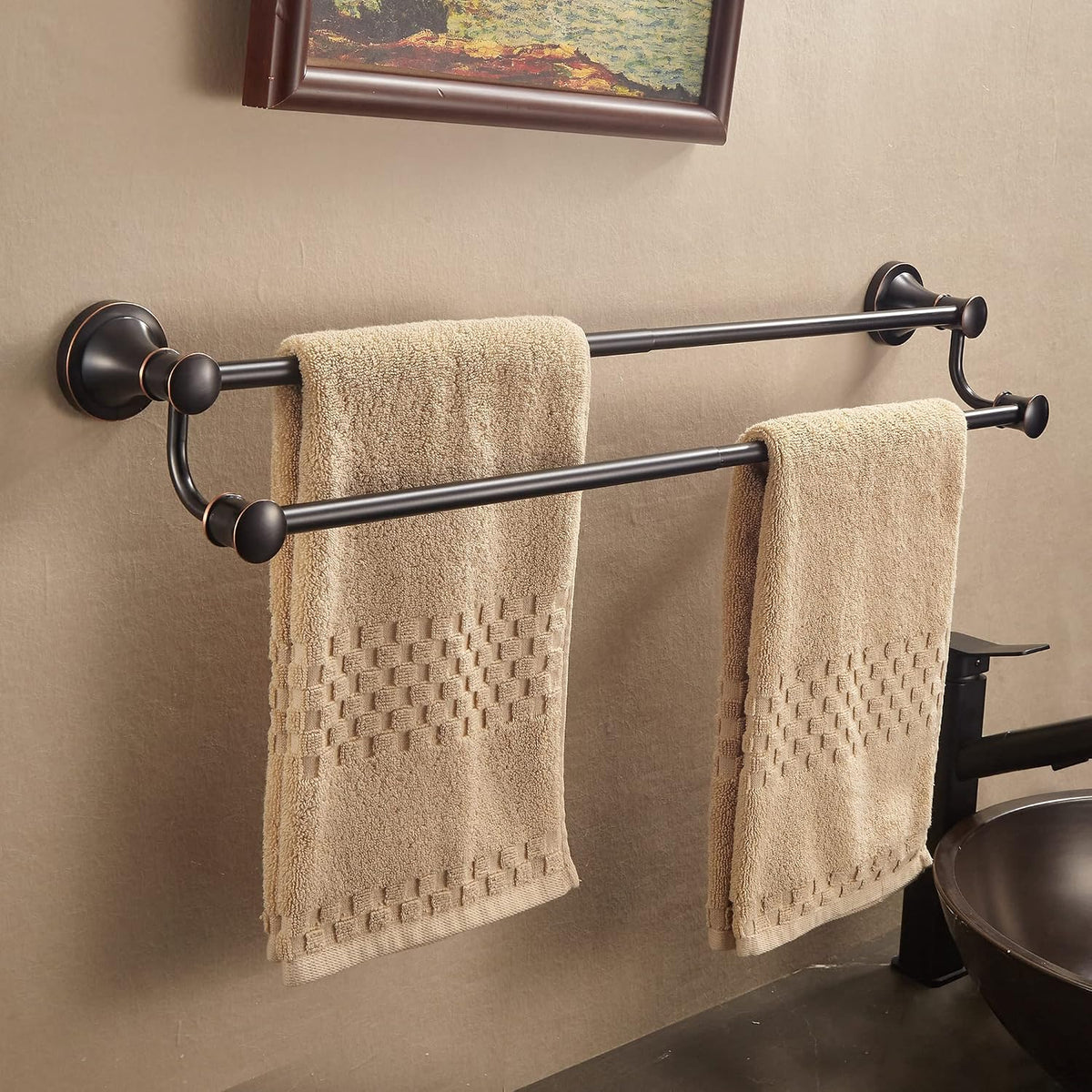 WOLIBEER Bronze Double Towel Bar, Adjustable 14.96 to 26.57 inches Towel Holder Oil Rubbed Farmhouse Towel Rack Rustic Towel Hanger Bathroom Wall Mounted