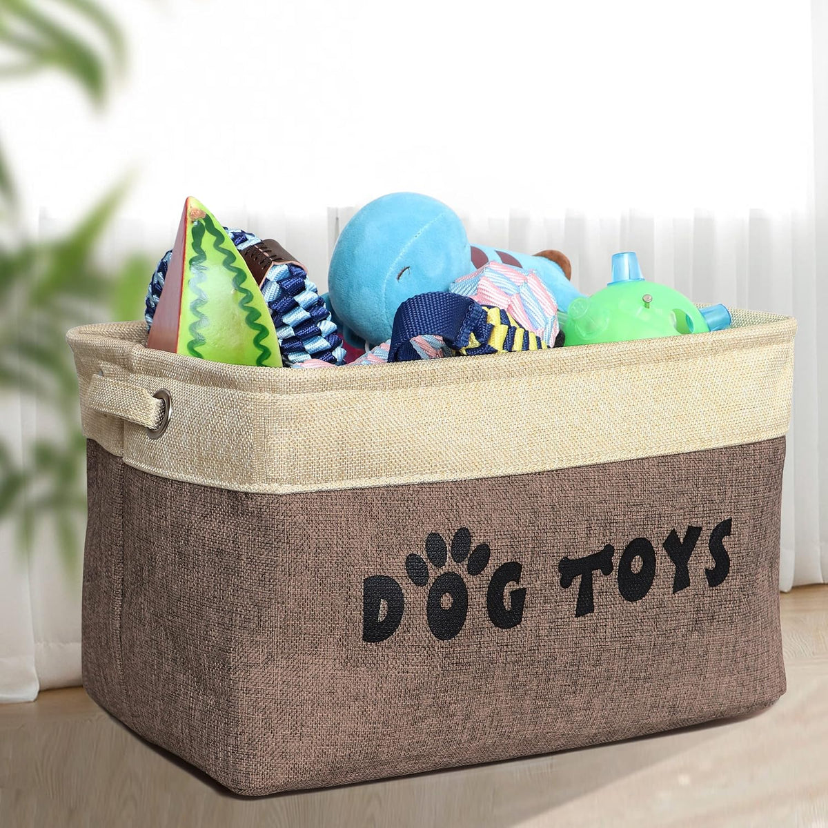 PET ARTIST Dog Toy Basket, Large Collapsible, Brown-1, M: 15"x11"x9"