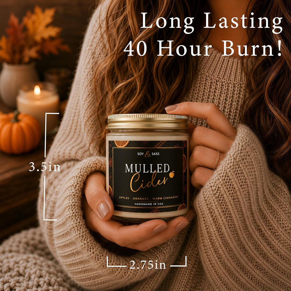 Mulled Cider Candle, Fall Candles I Apple Cider, Cinnamon & Nutmeg - Infused with Essential Oils I Mulled Cider Fall Scented Candle (Soy) for Home I 9oz Reusable Jar I 50Hr Burn I Made in USA