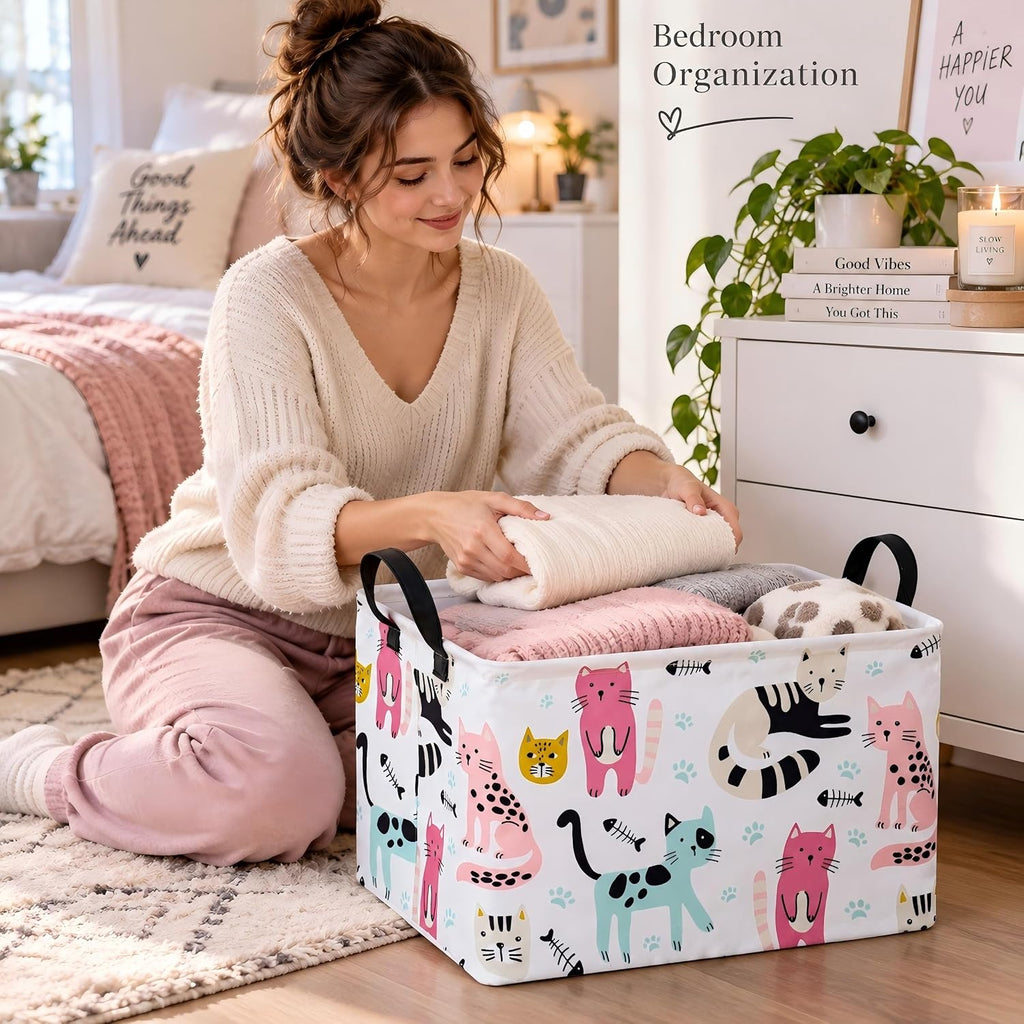 Cat Storage Basket, Foldable Cotton Linen Storage Bin with Handles, Cute Cat Print Rectangular Organizer Basket with Water Resistant Lining for Closet Shelves, Bedroom, Toys, Laundry and Gifts
