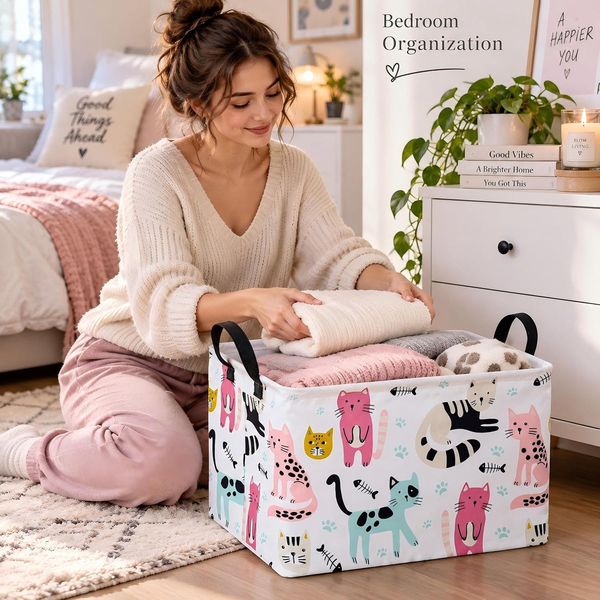 Cat Storage Basket, Foldable Cotton Linen Storage Bin with Handles, Cute Cat Print Rectangular Organizer Basket with Water Resistant Lining for Closet Shelves, Bedroom, Toys, Laundry and Gifts