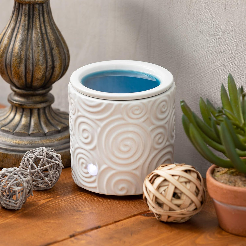 White Swirl Ceramic Candle Warmer Electric with Safety Timer | Automatic Plug in Fragrance Warmer for Scented Wax Melts, Cubes, Tarts | Air Freshener Set for Home Décor, Office, and Gifts