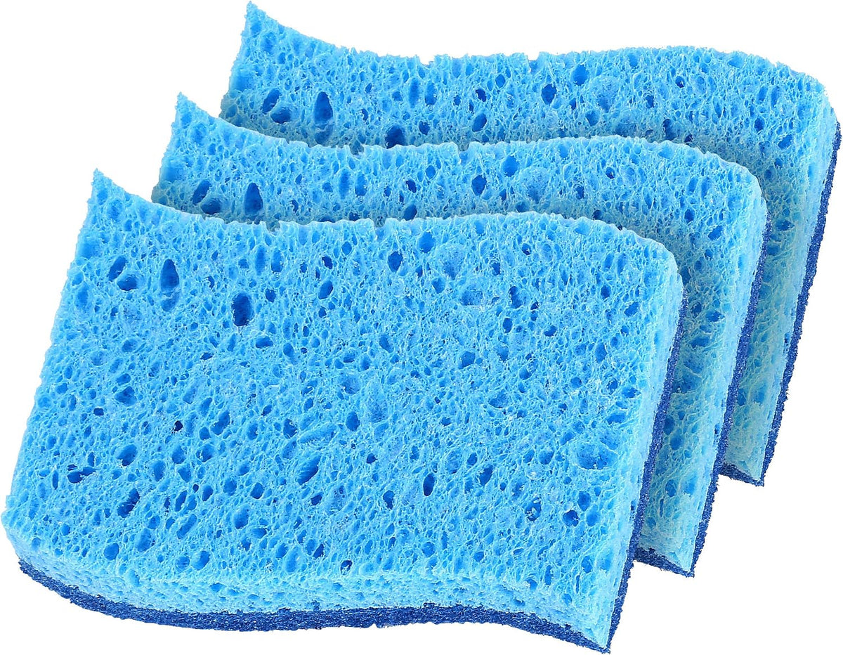 Superio Non-Scratch Cellulose Sponge Kitchen Scrub Sponges with Scouring Pad Set, Good for Non-Stick Cookware Frying Pan, Pot, Counter Top, Sink Scrubbing, Kitchen Scrubbers, Pack of 3, Blue