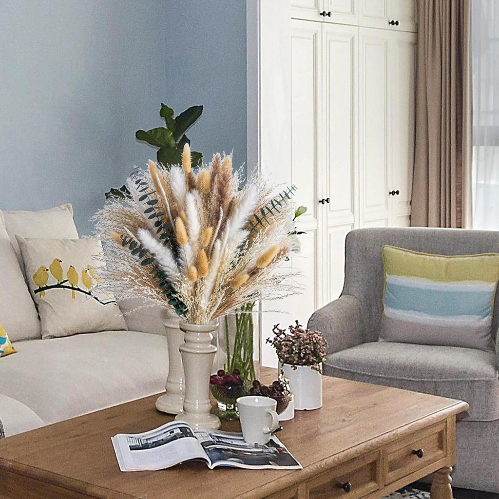 Boho Decor Bouquet Eucalyptus Pampas Grass Decor Dried Pampas Home Decor Dried Flowers Bouquet for Wedding Floral Arrangements Table,Home,Rustic,Farmhouse Decor(White&Green)