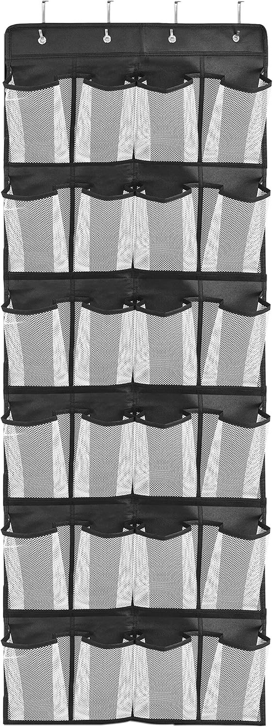 Over the Door Hanging Shoe Organizer with 24 Large Mesh Pockets - Shoes Holder/Black