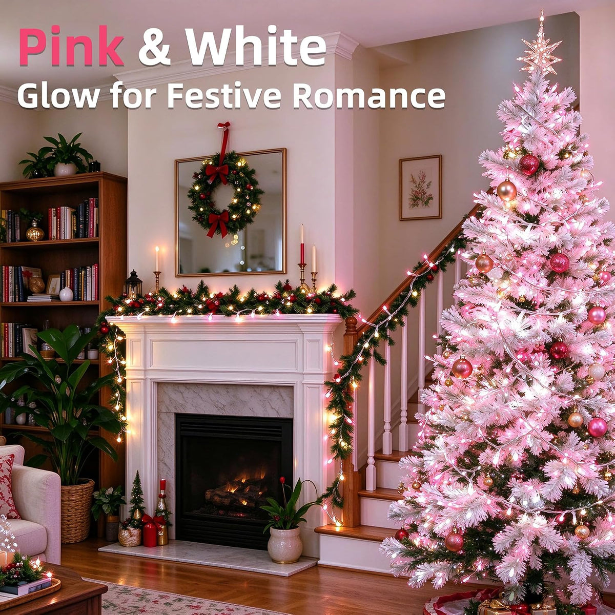 WISD Christmas Lights 43ft 200 LED Fairy String Lights with 12 Modes and Memory, Plug in String Lights for Indoor Outdoor Christmas Tree Home Garden Wedding Party Decoration, Pink+White