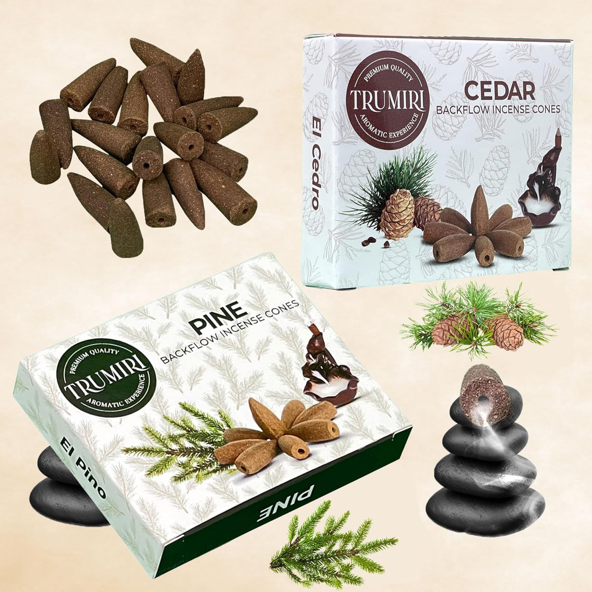 TRUMIRI Backflow Incense Cones - Combo Pack of 20 Incense Cones Waterfall - 10 Cedar + 10 Pine - Incense Backflow Cones - Waterfall Incense Cones - Incense Waterfall Cones