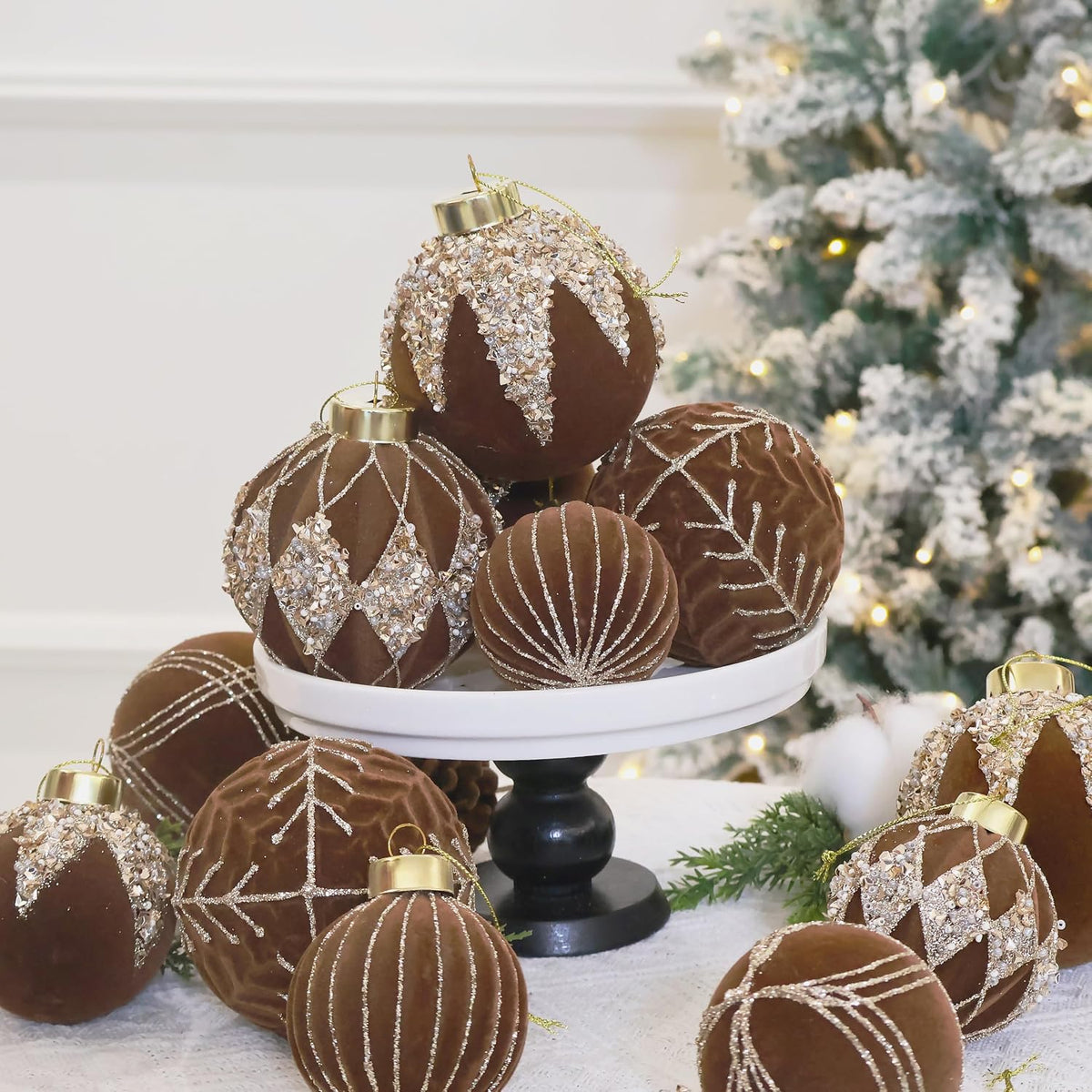20PCS Velvet Christmas Ornaments with Glitter, 2.36IN Flocked Ornaments Set