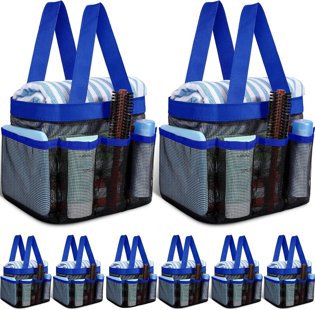 8 Packs Large Mesh Shower Caddy with 8 Pocket and Handle, Blue