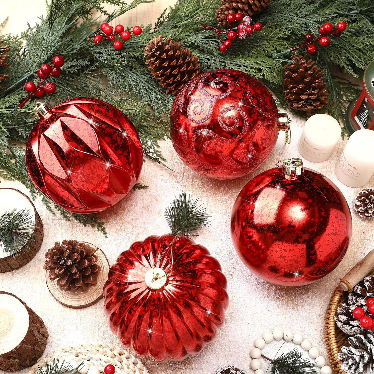 Arrowbash 4 Pcs 6'' Red Mercury Big Christmas Ball Ornaments Set