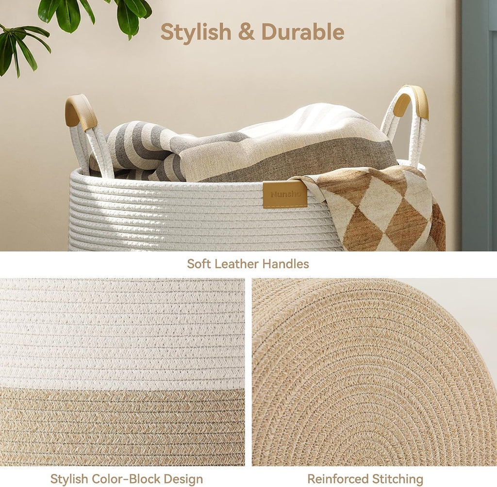 Nunsino 115L Blanket Basket with Leather Handles,Laundry Basket,Brown White