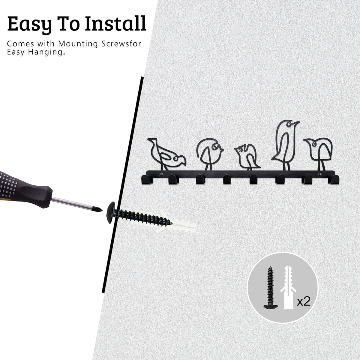 Whimsical Bird Key Holder Wall Hooks - 5 Abstract Bird Coat Hooks, Metal Decorative Wall Organizer for Entryway/Bedroom (12"x5", Black)