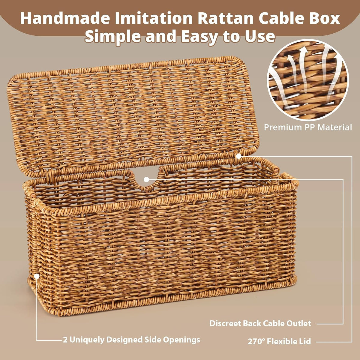 ZhiYo Rattan Cable Management Box, Speckled Brown, 12.5" x 5" x 5.2"