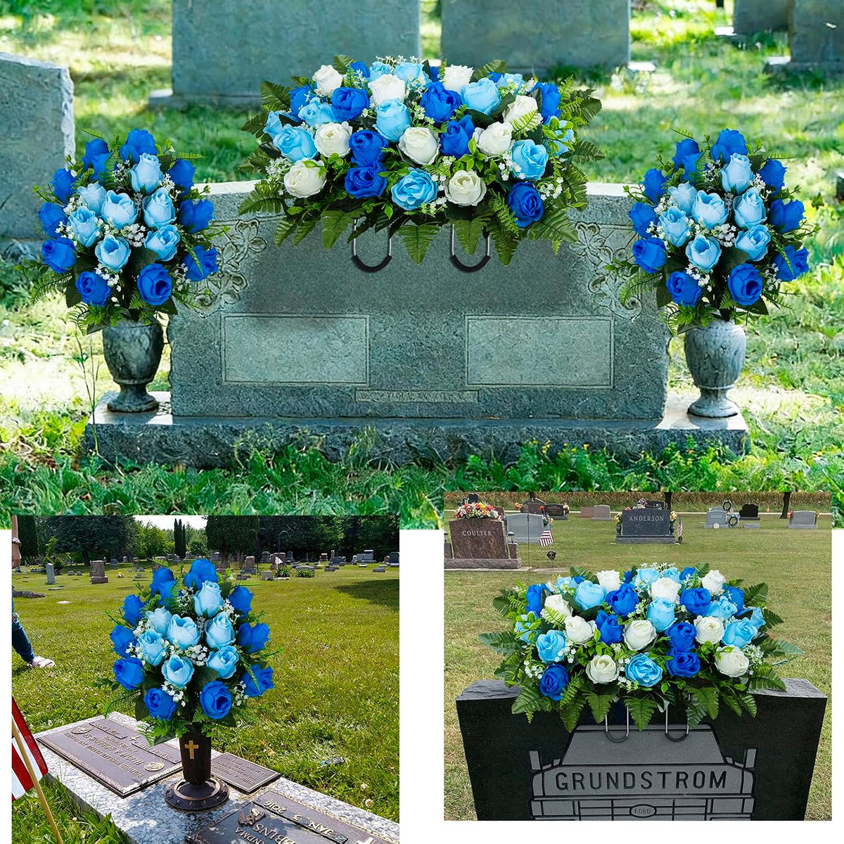 Artificial Cemetery Flowers Saddle Grave Memorial Rose Flowers with Vase for Cemetery Headstones Gravesites Decoration (White&Blue, 1 Saddle & 2Bouquets with Vase)