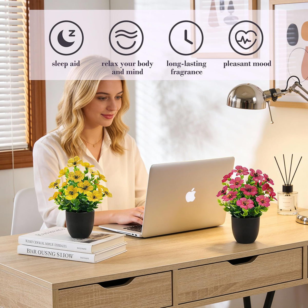 Der Rose 4 Pack Fake Plants with Fragrance Discs for Black Office Decor