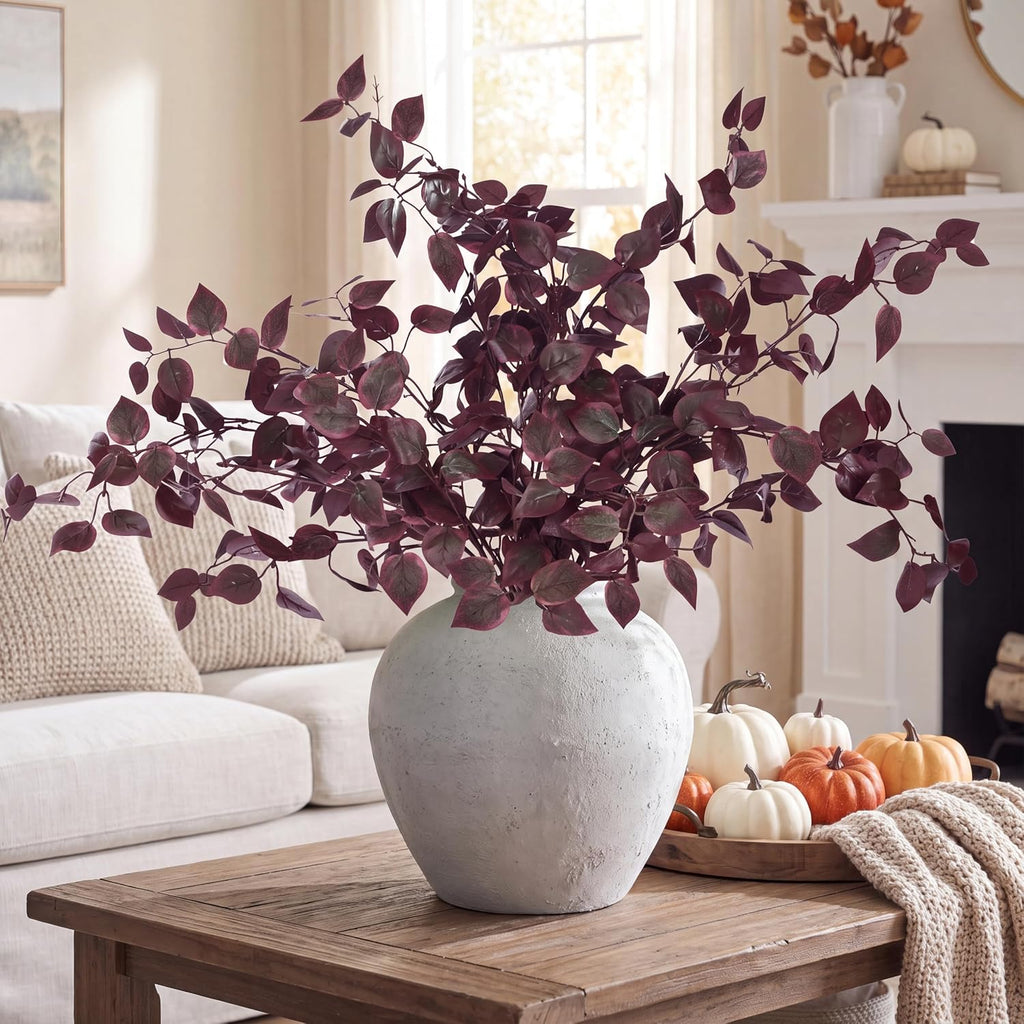 Sggvecsy 5 Pcs Artificial Eucalyptus Stems 32.7 inch Fake Red Branches with Faux Eucalyptus Leaves Silk Foliage Plants for Home Fall Autumn Thanksgiving Vase Kitchen DIY Festival Farmhouse Decor (Red)
