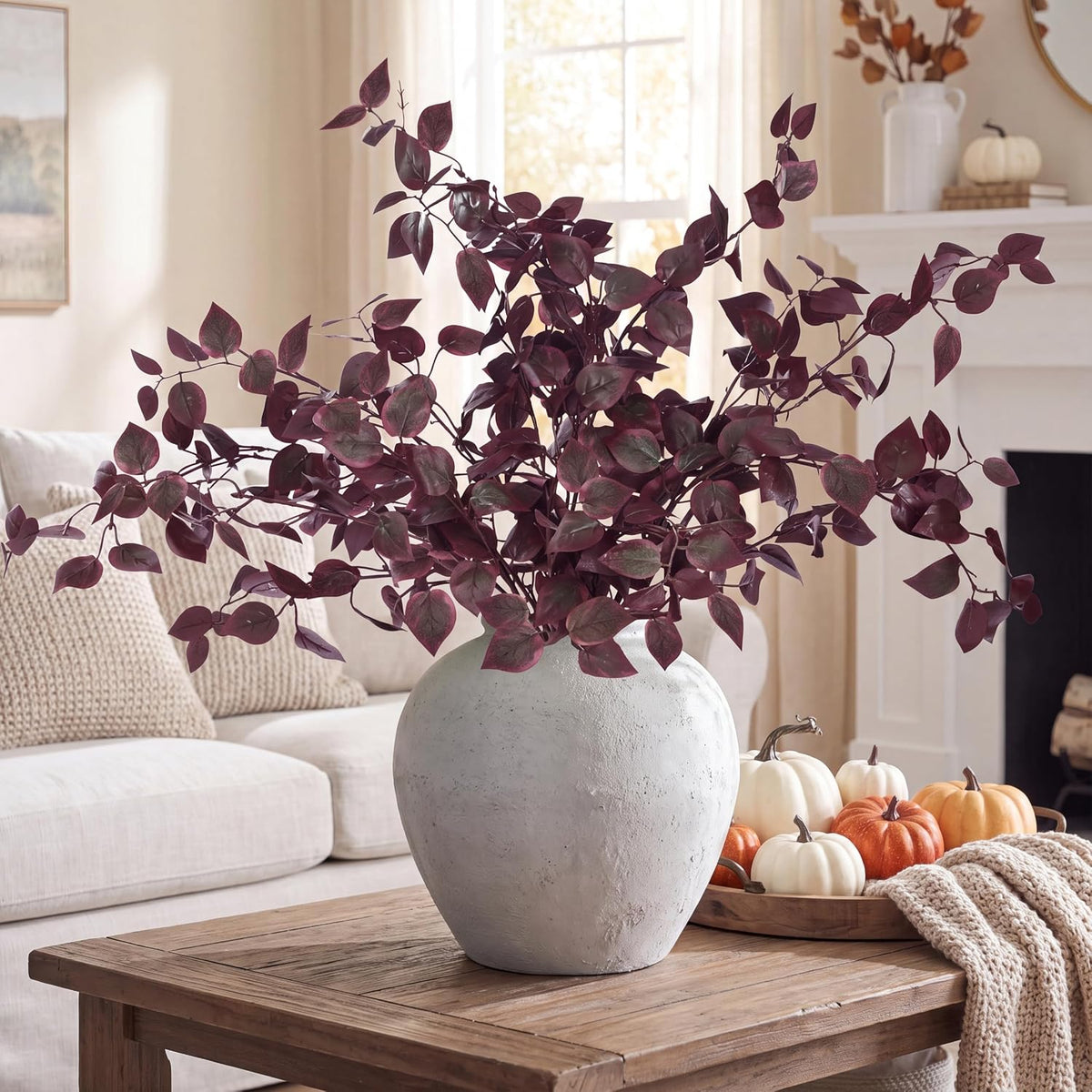 Sggvecsy 5 Pcs Artificial Eucalyptus Stems 32.7 inch Fake Red Branches with Faux Eucalyptus Leaves Silk Foliage Plants for Home Fall Autumn Thanksgiving Vase Kitchen DIY Festival Farmhouse Decor (Red)