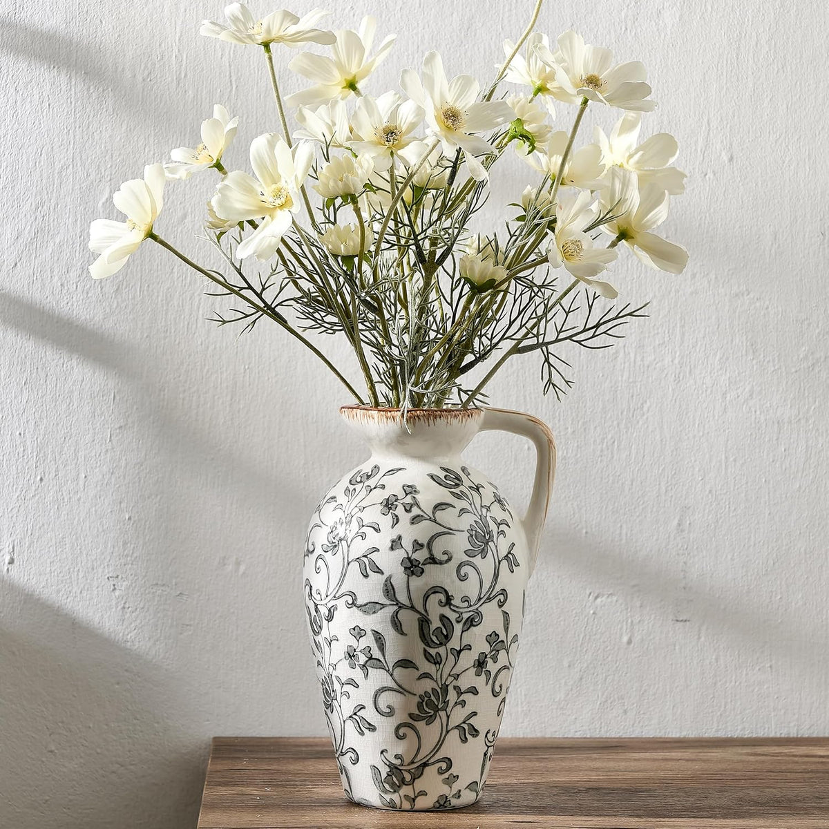 8.9 Inch Vintage Gray Chinoiserie Floral Vase, Antique Rustic Ceramic Vase for Home Decor, Living Room, Bookshelf, Office, Entryway, Garden, Chinoiserie Decor, Tuscan Decor