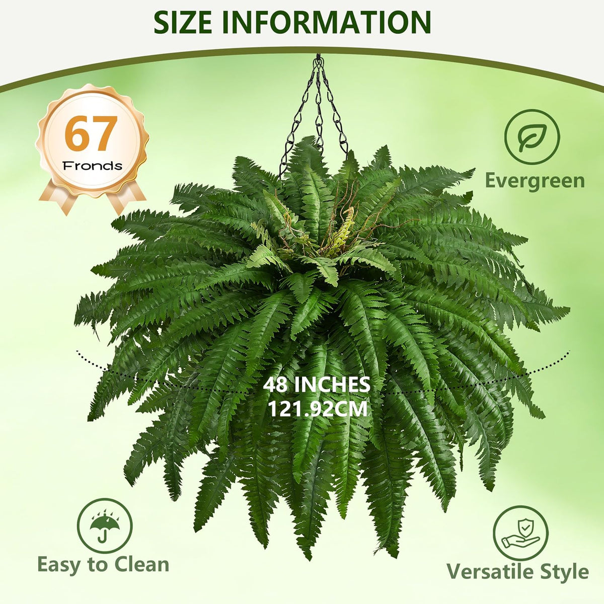 48In Artificial Boston Ferns Bush, Set of 2 Large Faux Ferns Plants, 67 Branches Fake Ferns for Home Living Room Decor, Indoor and Outdoor