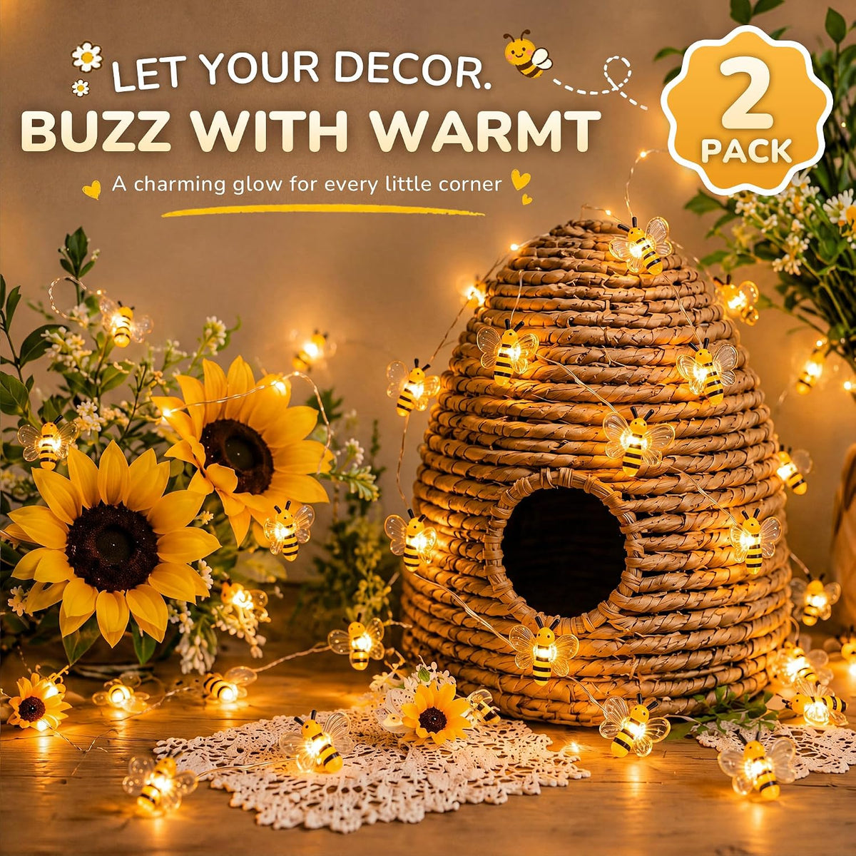 Mudder 2 Pack Honey Bee String Lights, 10FT 30LEDs with 8 Modes & Timer
