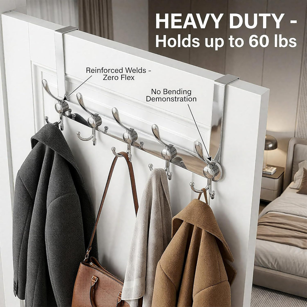 Over The Door Hooks, Heavy Duty Door Hanger with 5 Tri-Hooks for Hanging Clothes, Coats, Towels, Mirror Finish Silver Stainless Steel OTD Storage Rack, Fits Standard 1-3/4" Doors, 60 lbs Max