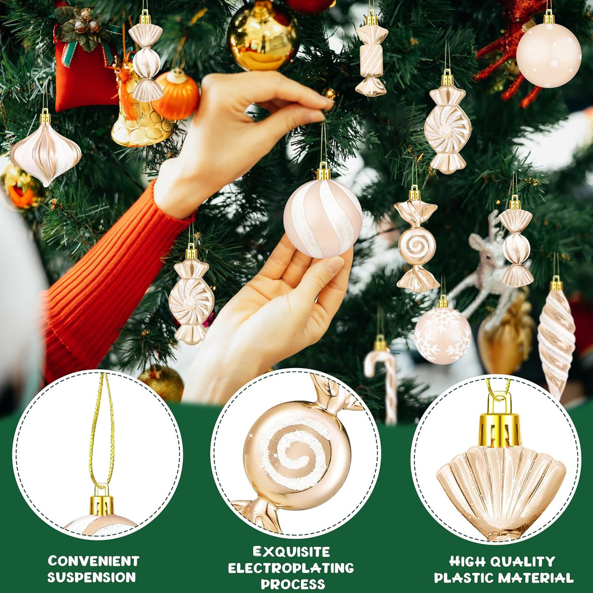 48Pcs Christmas Ornament Candy Lollipop Set Hanging Plastic, Champagne Gold