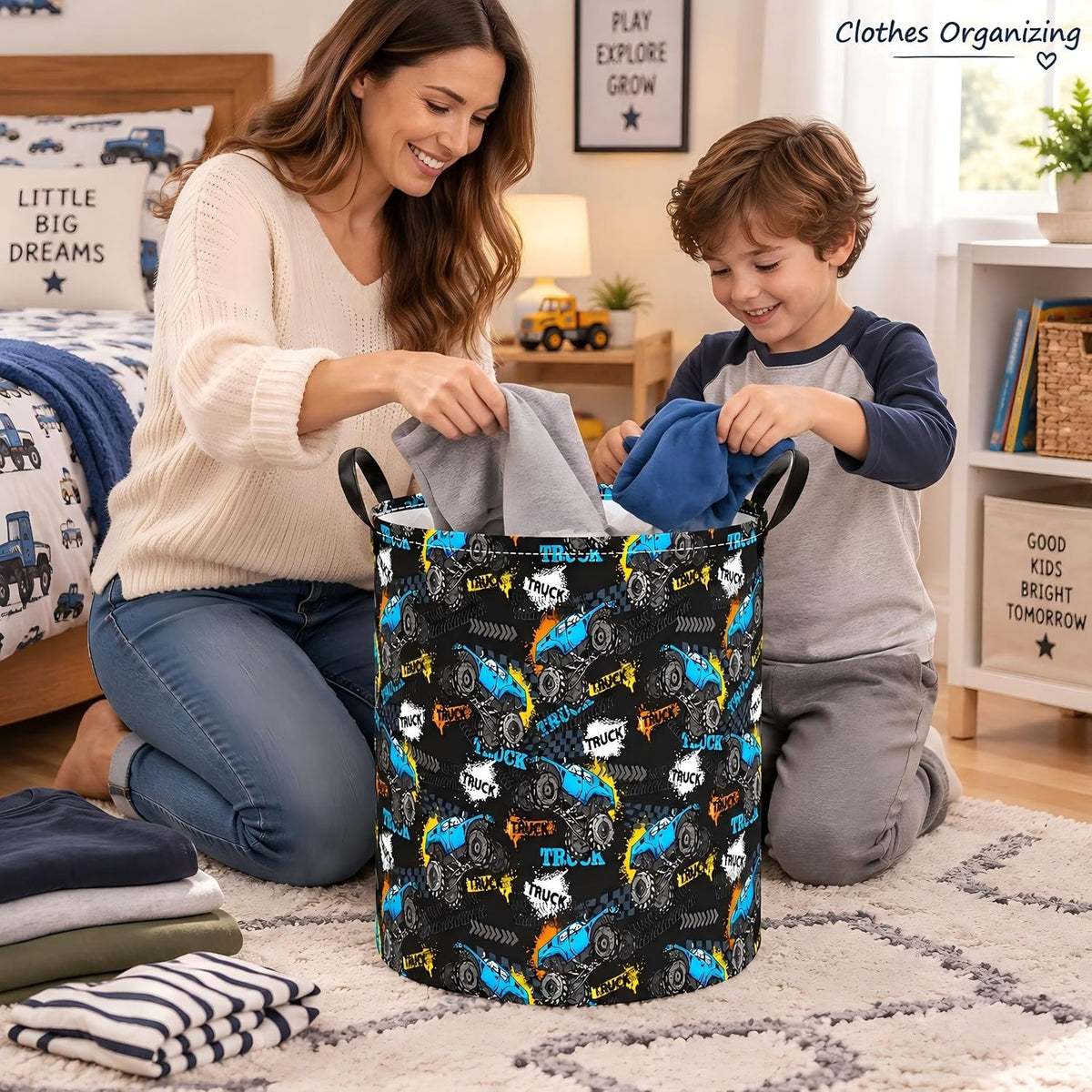 Truck Print Laundry Hamper, Collapsible Storage Basket with Handles