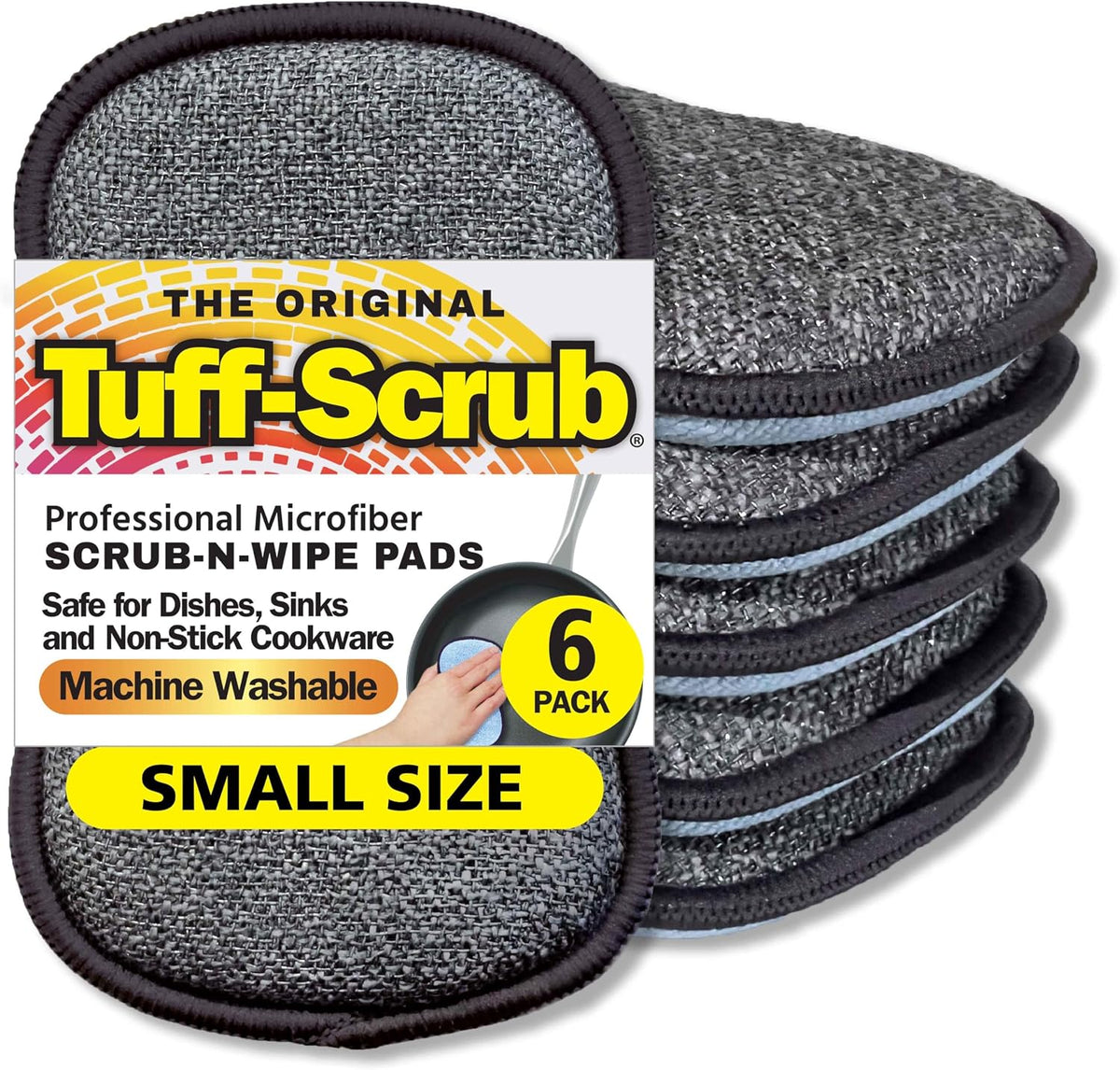 Original Scrub-N-Wipe Pad by Tuff-Scrub, 6-Pack, Microfiber, Multi-Surface, Non-Scratch, Dual-Sided, Scrubber for Dishes, Sinks, Non-Stick Cookware – Machine Washable, Durable Kitchen Sponge (Small)
