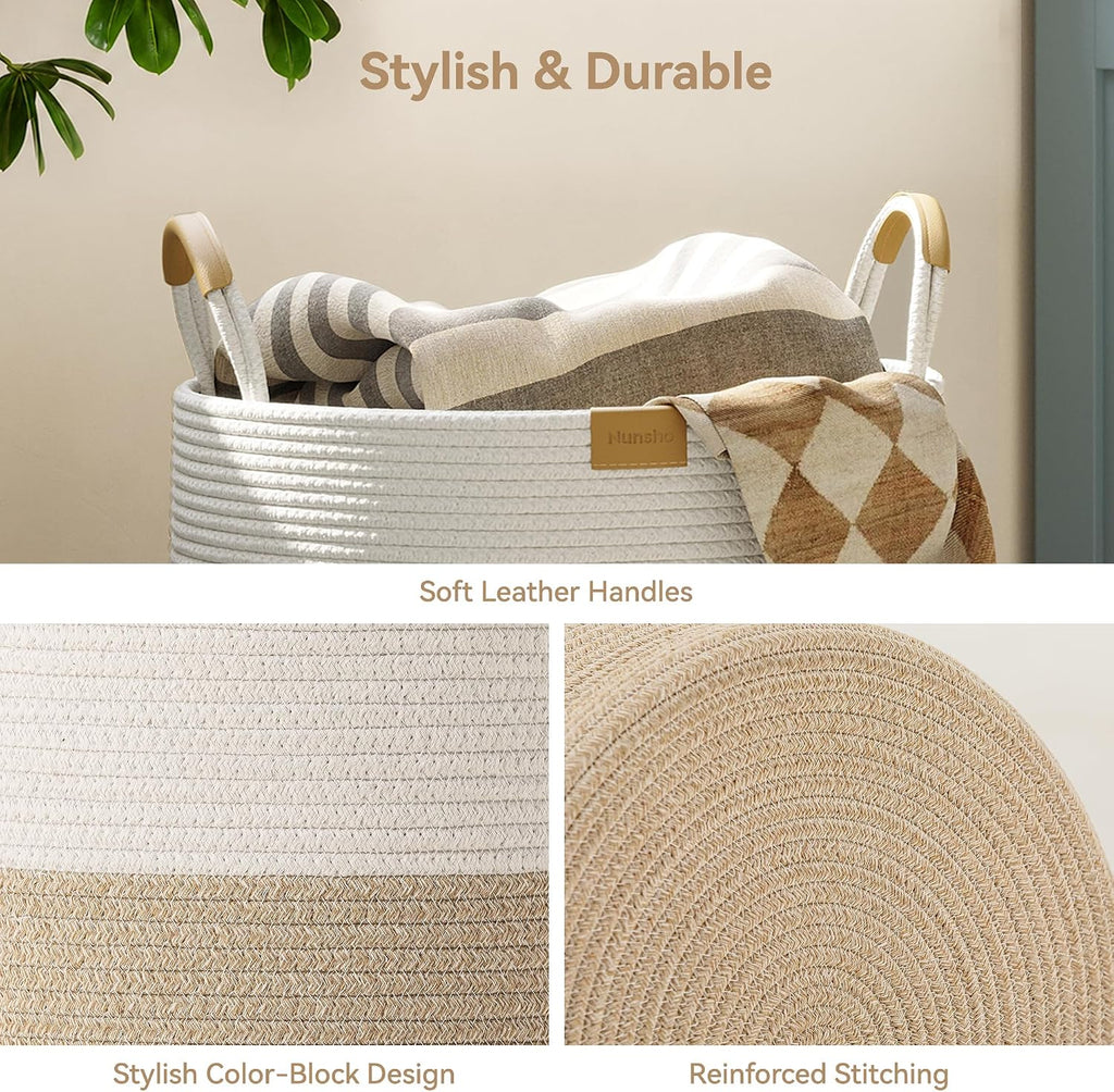 Nunsino 72L Blanket Basket with Leather Handles,Laundry Basket,Brown White