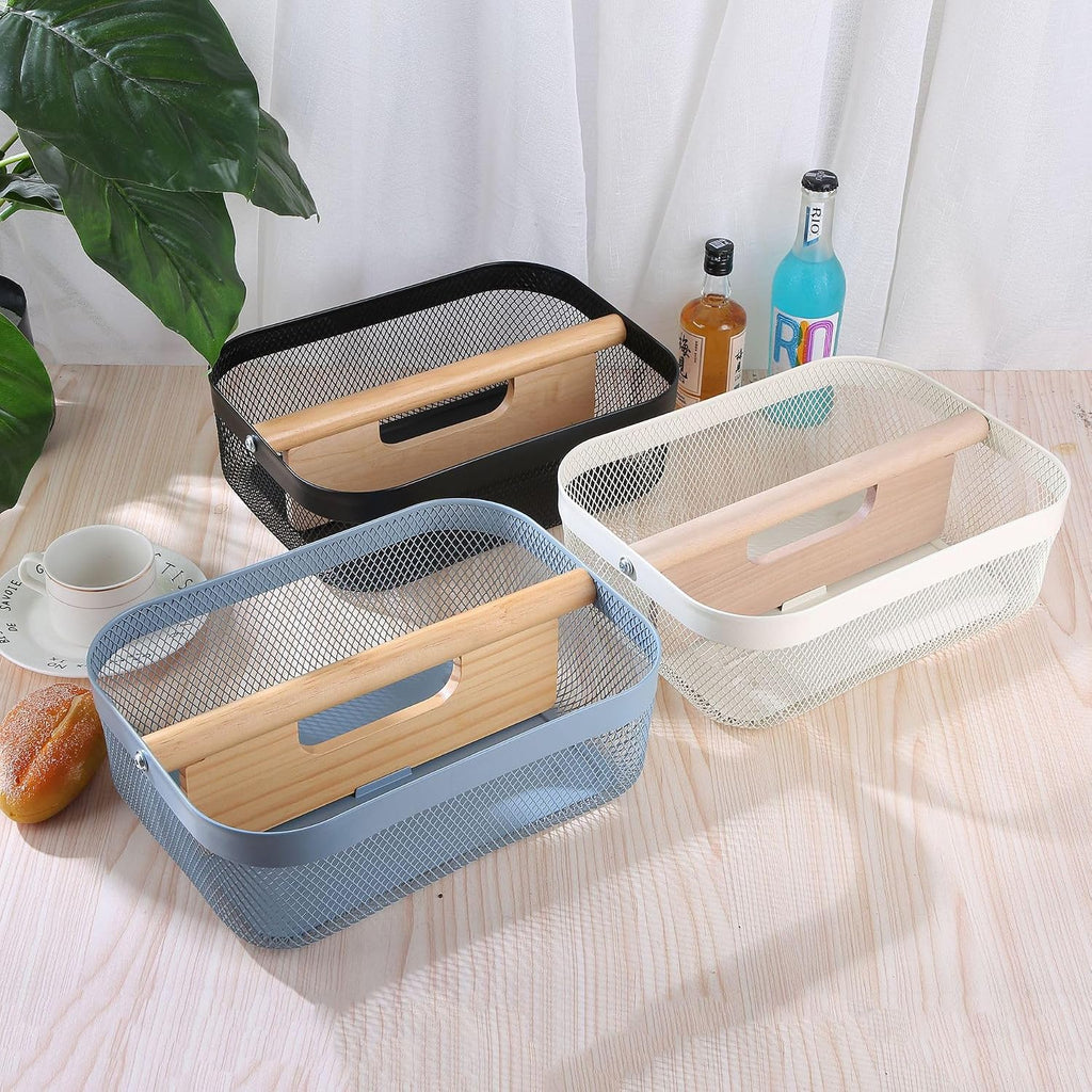 AJIODA Metal Mesh Steel Storage Basket, Garden Harvest Wire Organizer Basket Multi-functional Kitchen Fruit Basket with Wooden Removable Partition & Handle for Bathroom Picnic Decor Cabinet, Black