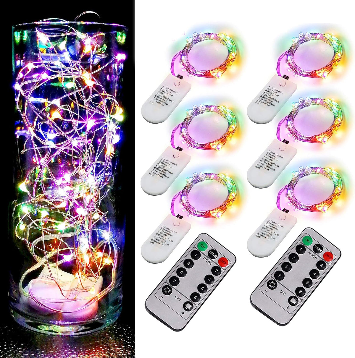 6 Pack Fairy Lights Battery Operated,Timer,2 Remotes,6.5ft 20LED Multicolor