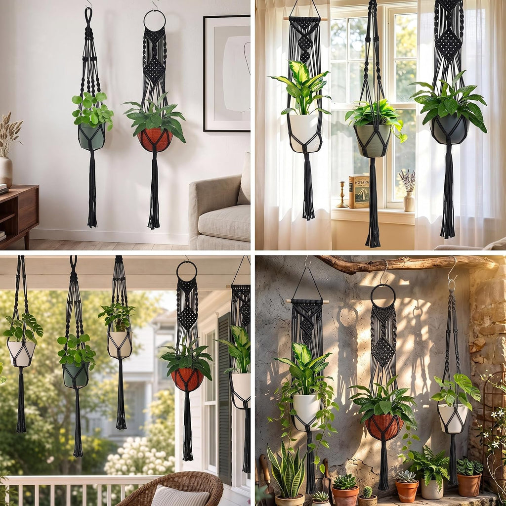 Laerjin Macrame Plant Hangers, 6 Pack Hanging Planters with Hooks, Black