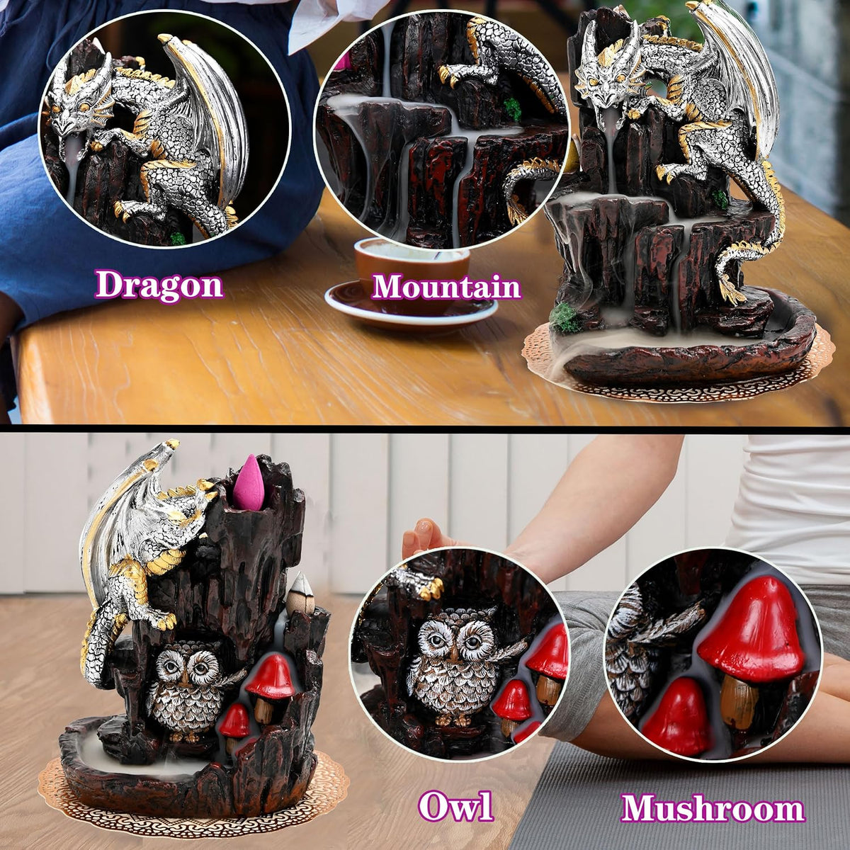 Dragon Backflow 2 Sided Mountain Waterfall Incense Burner,Fountain Smoke Incense Holder with Backflow Incense Cones, Tweezers, Mat，Resin Aromatherapy Meditationvaiuk (Silver)