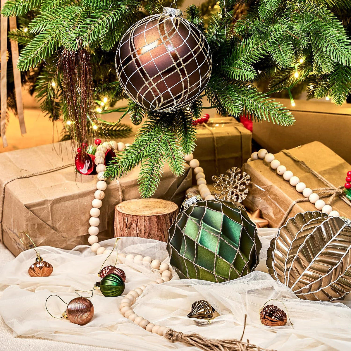 JORNOY Christmas Balls Ornaments Set, 6 inch/150mm Extra Large Shatterproof Plastic Hanging Bulbs for Xmas Tree Decorations Holiday Party with String, 4 Pack-Earth Tone