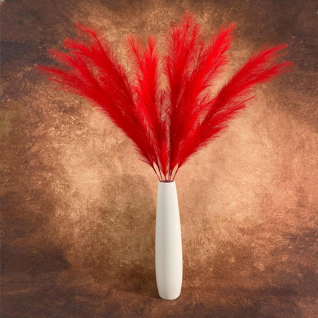 6 Pcs Artificial Pampas Grass Large, 47"/121cm Fake Faux Artificial Pampas Grass Decor Tall Stems Fluffy Pompous Pompass Branch Floor Vase Filler for Home Decor Boho Decor Wedding Red