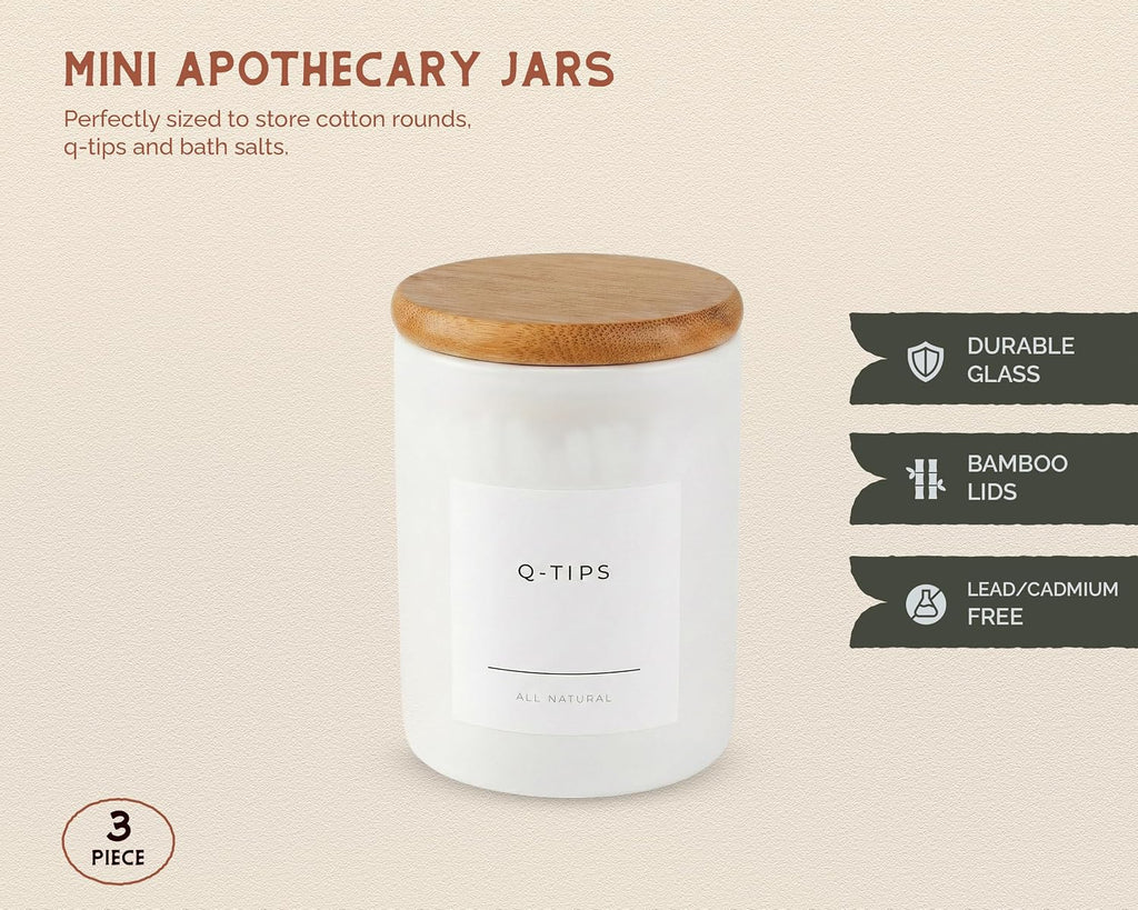 Vase and Vessel Mini Glass Apothecary Jars with Bamboo Lids, Small Bathroom and Kitchen Storage Containers, For Cotton Balls, Pads and Swabs, 10 oz, Set of 3, White