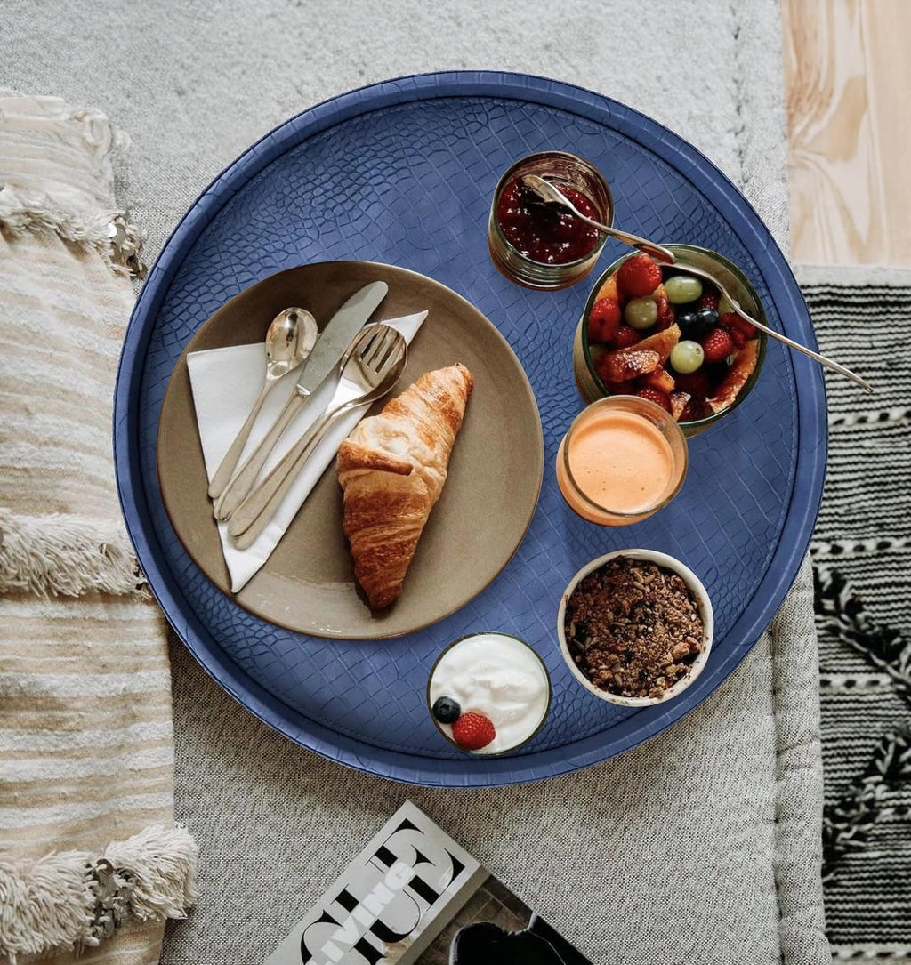 HofferRuffer Round Serving Tray 20'', Elegant Faux Leather Circle Ottoman Table Tray, Serve Tea Coffee Breakfast in Bedroom Living Room Kitchen (Blue, 20")